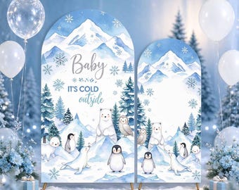 Fuori fa freddo - Arco per baby shower - Sfondo invernale con animali artici - Decorazioni per feste di Natale