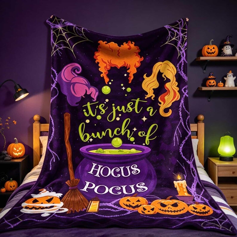 May include: A purple fleece blanket featuring a graphic print of a bubbling cauldron, a broomstick, jack-o'-lanterns, and three distinct hairstyles. The text reads, "it's just a bunch of HOCUS POCUS" in yellow and white lettering against a spiderweb background.