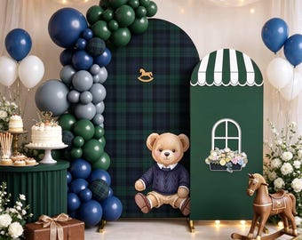 Arco per baby shower a tema orso, sfondo per festa di compleanno a tema scozzese verde per bambina e bambino. Non vediamo l'ora!