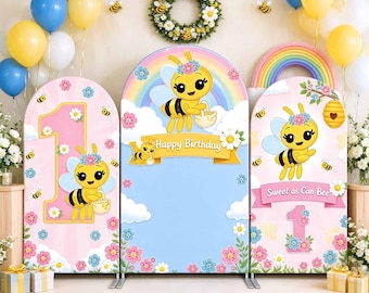 Arco di compleanno a tema ape, sfondo per la festa del primo compleanno di Sweet Abejita Chiquita Baby.