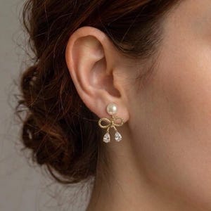Pearl Bow Drop Earrings, Genuine Freshwater Pearls, Pear CZ Dangle Ribbon, 925 Silver Posts, Bridal Favor Gift for Her Wedding Jewelry