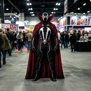 Zwarte bodysuit met rode cape, geïnspireerd op Spawn (1997): Gothic anti-held cosplay outfit