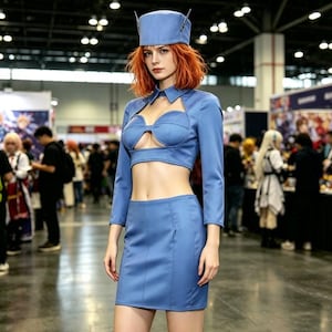 Könnte beinhalten: Ein blaues zweiteiliges Outfit bestehend aus einem langärmeligen bauchfreien Oberteil mit strukturiertem Bustier-Oberteil und einem passenden Minirock mit hoher Taille, ergänzt durch einen blauen Pillbox-Hut mit zwei kleinen antennenartigen Akzenten.