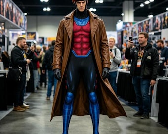 May include: A full-body costume featuring a long brown trench coat worn over a red and blue bodysuit with a black headpiece. The bodysuit has a defined chest plate design and blue leg sections, paired with black gloves and dark boots.