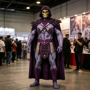 Puede incluir: Un disfraz de cuerpo completo que presenta una máscara de calavera amarilla con capucha morada, una capa morada oscura y un arnés de pecho con un orbe morado central y detalles en forma de hueso. Incluye guanteletes, un taparrabos y cubrepiés.