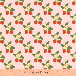 Pode incluir: Um padrão repetitivo sem costuras sobre um fundo rosa claro com ilustrações de morangos vermelhos com folhas verdes, pequenas flores brancas com centros amarelos e minúsculas estrelas douradas de quatro pontas pelo design.