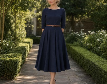 Modest Linen Midi Dress, Boat Neck, Three Quarter Sleeves, Fitted Waist 07#
