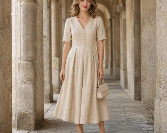 Leinen-Midikleid mit V-Ausschnitt, kurzärmeliges, tailliertes Kleid mit ausgestelltem Schnitt, Damenkleid mit verdeckten Knöpfen 04#