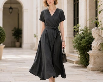Maßgeschneidertes Leinen-Maxikleid, Wickelstil mit V-Ausschnitt, kurzen Ärmeln und Bindegürtel in der Taille, Größe 10#