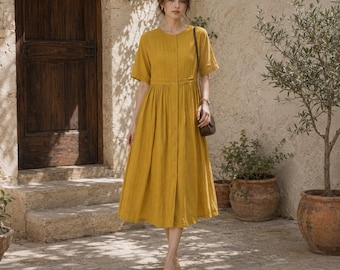 Leinenkleid mit Knopfleiste vorne, kurzärmeliges Leinen-Midikleid, Sommerkleid für Damen, langes Kleid mit Gürtel, handgefertigtes Leinenkleid 02#