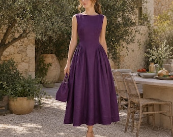 Leinen-Midikleid, ärmelloses Kleid mit U-Boot-Ausschnitt, Kleid mit baskischer Taille und weitem Rock, Größe 11#