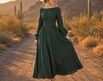 Long Sleeve Linen Dress, Womens Linen Maxi Dress, Modest Long Dress, Full Skirt Dress, Handmade Linen Dress 09#
