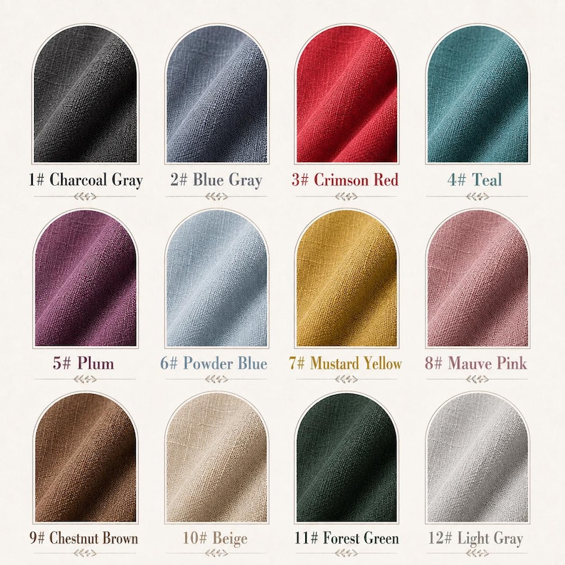 Puede incluir: Una cuadr&iacute;cula de doce muestras de tela numeradas del 1 al 12, con los colores: gris carb&oacute;n, gris azulado, rojo carmes&iacute;, verde azulado, ciruela, azul polvo, amarillo mostaza, rosa malva, marr&oacute;n casta&ntilde;o, beige, verde bosque y gris claro.