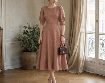 Leinen-Midikleid mit Puffärmeln, taillierter Passform und A-Linien-Rock 05#