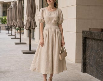 Leinen-Midikleid mit Puffärmeln, geraffter Taille, weitem Rock, handgefertigtes Damenkleid, Größe 14#