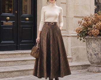 Wool Blend Skirt, Long Plaid Maxi Skirt, Tartan A Line Skirt, Vintage Inspired Swing Skirt, High Waist Flared Skirt, Fall Winter Skirt M1#