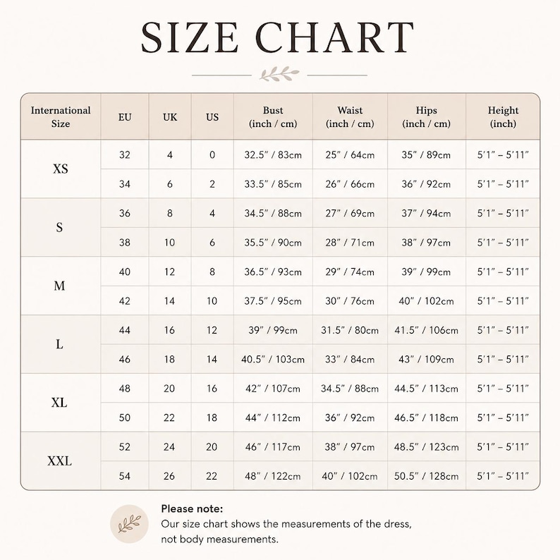 Puede incluir: Una tabla de tallas titulada SIZE CHART con columnas para talla internacional, EU, UK, US, busto, cintura, caderas y altura. La tabla enumera las medidas en pulgadas y cent&iacute;metros para las tallas de la XS a la XXL, con una nota aclaratoria.