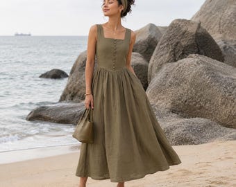 Button Front Linen Dress, Short Sleeve Linen Midi Dress, Womens Summer Dress, Belted Long Dress, Handmade Linen Dress 03#
