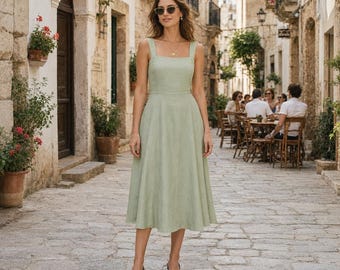 Leinen-Midikleid mit eckigem Ausschnitt, ärmelloses A-Linien-Sommerkleid 06#