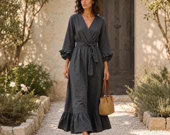 Leinen-Maxikleid, Wickelkleid mit V-Ausschnitt, Kleid mit Rüschenärmeln, Taillengürtel, handgefertigtes Damenkleid Nr. 15