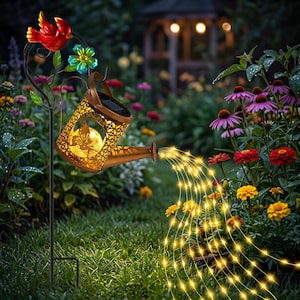 Puede incluir: Un adorno de jardín solar con una regadera de metal que presenta un diseño de mariposa recortado. La regadera emite una luz amarilla cálida a través de hilos de luces LED que caen en cascada, con un pájaro rojo y una flor azul en la parte superior.