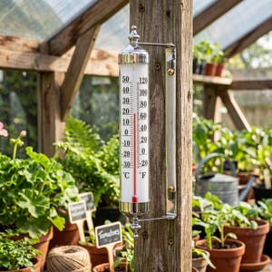 Könnte beinhalten: Ein vertikales Wandthermometer mit einem zylindrischen Glasrohr und weißem Hintergrund. Das Gerät verfügt über eine doppelte Skala in Celsius und Fahrenheit, wobei eine rote Flüssigkeitssäule die Temperatur auf schwarzen Markierungen anzeigt.