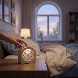 Puede incluir: Un despertador de madera clara con forma arqueada, esfera analógica blanca, números negros y manecillas negras. El reloj cuenta con una retroiluminación brillante y un pequeño botón en la parte superior, colocado sobre una superficie de madera.