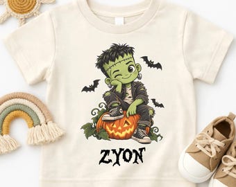 Cute Frankenstein Kids Halloween Shirt, Pumpkin and Bats Graphic Tee, Spooky Monster Halloween Shirt, Trick or Treat Youth Tee