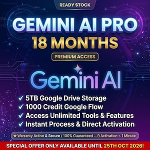 Assinatura Gemini AI Pro de 18 meses | disponível até 25 de outubro de 2026 | 5 TB de armazenamento em nuvem e 1000 créditos Flow | Ativação instantânea