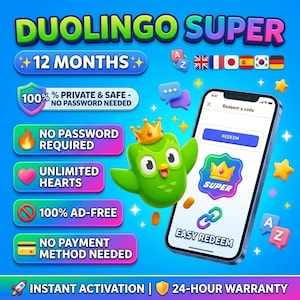 May include: A digital graphic for Duolingo Super 12 months subscription featuring the green owl mascot wearing a crown. The image displays text including No Password Required, Unlimited Hearts, 100% Ad-Free, and No Payment Method Needed, alongside a smartphone screen showing a redeem code interface.