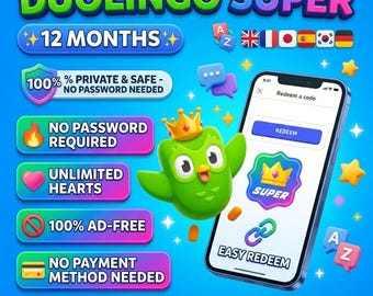 May include: A digital graphic for Duolingo Super 12 months subscription featuring the green owl mascot wearing a crown. The image displays text including No Password Required, Unlimited Hearts, 100% Ad-Free, and No Payment Method Needed, alongside a smartphone screen showing a redeem code interface.