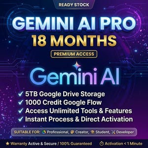 Op de afbeelding: Een digitale grafische advertentie voor Gemini AI Pro met 18 maanden premium toegang. De tekst bevat 5TB Google Drive-opslag, 1000 credits Google Flow, toegang tot onbeperkte tools en functies, en directe activering met onmiddellijke verwerking.