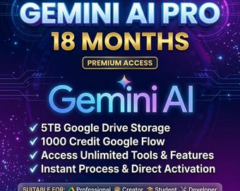 Gemini AI Pro 18 Months Subscription | 5TB Cloud Storage & 1000 Flow Credits | Instant Activation