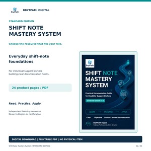May include: A digital product page for the Shift Note Mastery System by BrytPath Digital. The document features a dark blue cover with a winding path graphic, icons, and text including Practical Documentation Guide for Disability Support Workers.