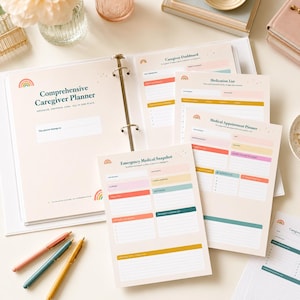 May include: A white binder labeled "Comprehensive Caregiver Planner" with rainbow accents. Inside are several planner pages, including a "Caregiver Dashboard," "Medication List," and "Emergency Medical Snapshot." Three pens in pink, teal, and gold are in the foreground.