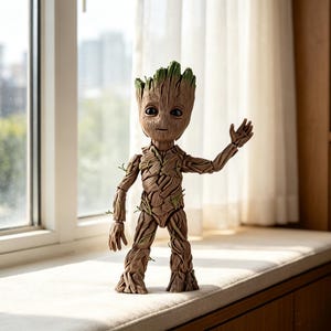 May include: A brown, tree-like humanoid figure with a textured, bark-like surface and green sprouts on its head. The figure has large, dark, round eyes, a small mouth, and articulated limbs, with one arm raised in a waving gesture.