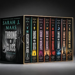 May include: A boxed set of eight Throne of Glass books by Sarah J. Maas. The black box features a silhouette of a castle and a deer. The book spines are color-coded with titles including The Assassin's Blade, Throne of Glass, and Kingdom of Ash.