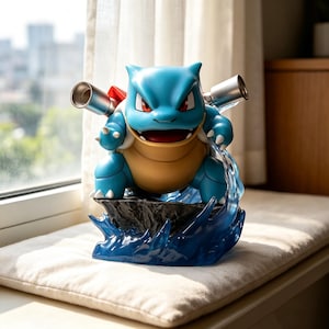 May include: A blue and tan Blastoise figurine featuring two silver cannons on its back, standing on a dark, textured rock base surrounded by translucent blue water effects, with red eyes and a wide open mouth showing a dark interior.