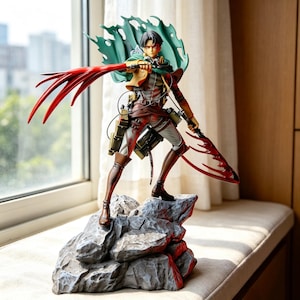 May include: A detailed anime-style action figure of a character with dark hair, wearing a tan jacket, white pants, and brown boots, standing on a rocky base. The figure holds two long, curved red blades and features a flowing green cape effect.