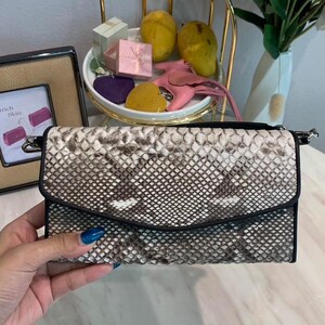 Natural Brown Python Leather Clutch, Genuine Snake Skin Purse, Exotic Leather Envelope Bag, Suede Lined Evening Clutch