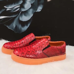 Real Red Python Leather Loafers | Handmade Luxury Slip On Dress Shoes | Exotic Leather Formal Loafers | Bespoke Footwear