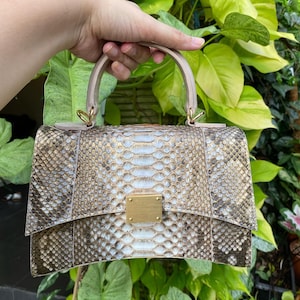 Peut inclure: Un sac à main structuré avec un motif texturé en peau de serpent dans des tons marron, beige et crème. Le sac présente un bord inférieur incurvé, une poignée supérieure unique et un fermoir rectangulaire en métal doré sur le rabat avant.