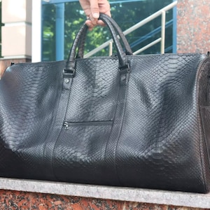 Black Doff Python Duffle Bag, Snakeskin Travel Bag, Exotic Leather Weekender, Premium Suede Lined Duffle, Handmade Luxury Bag