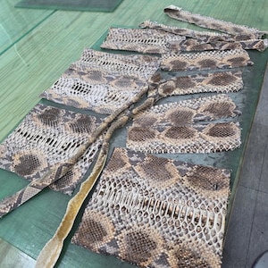 May include: A collection of rectangular and strip-shaped pieces of snakeskin leather featuring a natural diamond-shaped scale pattern in shades of brown, tan, cream, and black. The pieces are laid out flat, displaying the textured, organic surface.