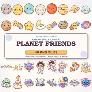 Planet Friends Kawaii Space Clipart Bundle: 40 Transparent PNG Planets, Astronauts, Aliens and Rockets