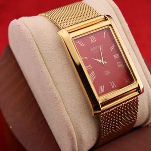 Vintage Seiko Quartz Tank Watch | Crimson Red Dial | Gold Roman Numerals | Gold Mesh Bracelet | Rectangular | Japan | Luxury Dress Watch