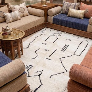 Authentic Moroccan Beni Ourain Rug in Traditional Living Room, Cream Berber Wool Rug with Black Dots, Handwoven Boho Floor Carpet Azilal rag