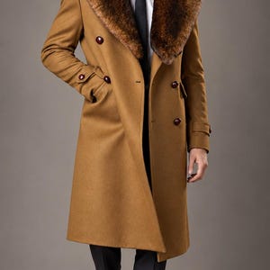 Men's Camel Brown Long Overcoat, Double Breasted Winter Coat, Wide Collar Classic Formal Outerwear, Vintage Inspired Men's Fashion