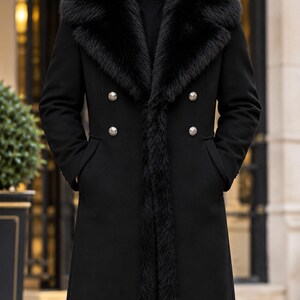 Black Long Double Breasted Coat, Elegant Winter Outerwear, Wide Collar Design, Classic Button Front Style