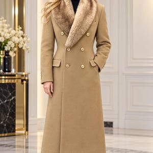 Men’s Camel Tan Long Coat, Double Breasted Button Front, Classic Tailored Style, Elegant Winter Outerwear